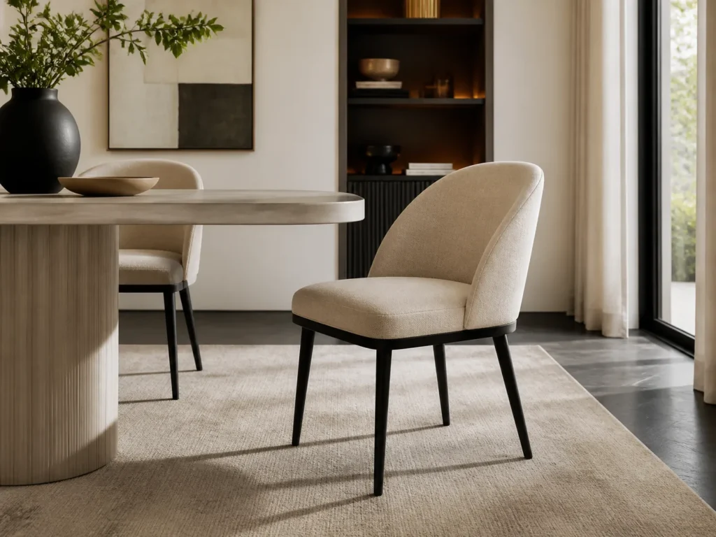 Mira Dining Chair in beige upholstery with black legs