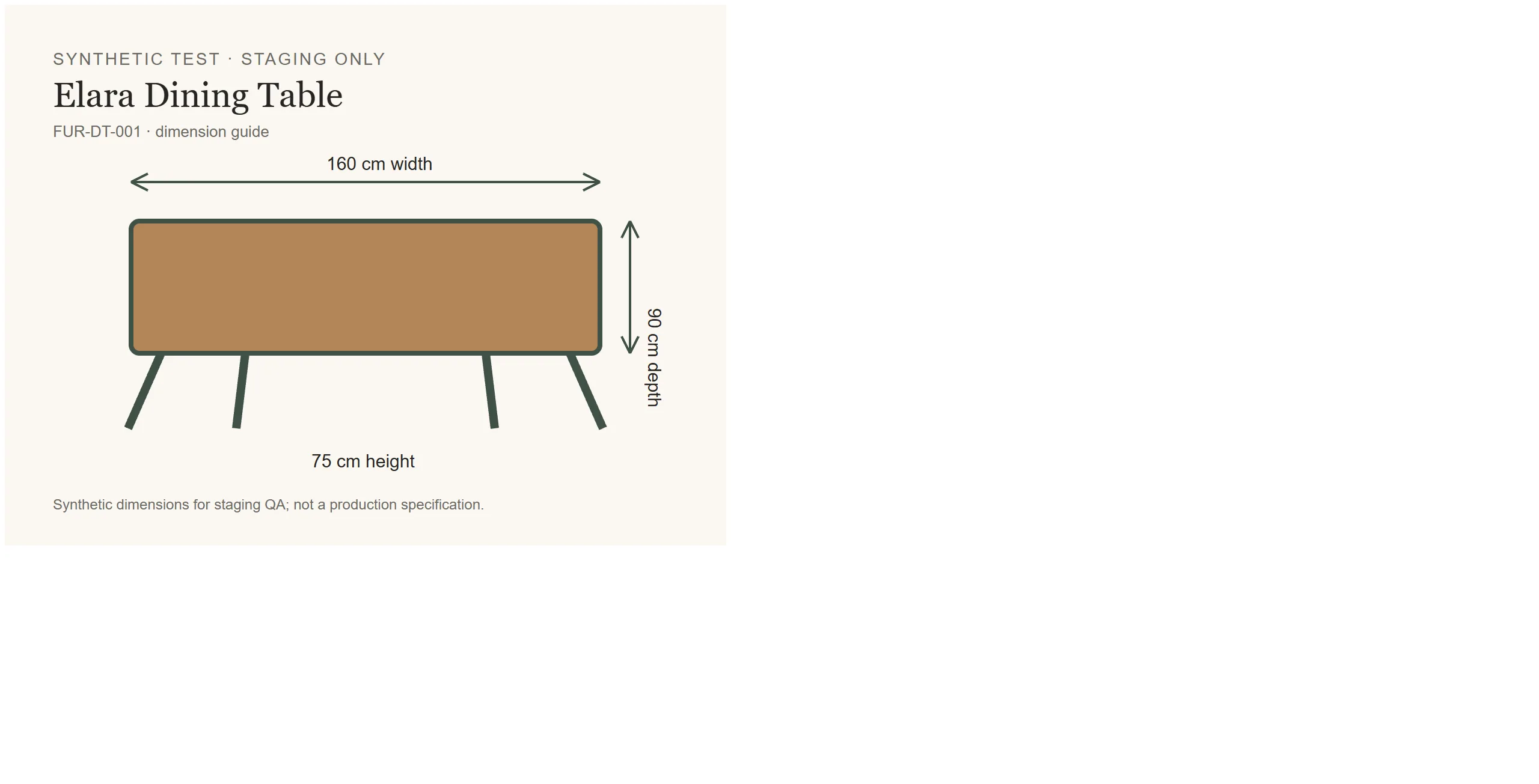 Elara Dining Table dimension guide, 160 × 90 × 75 cm