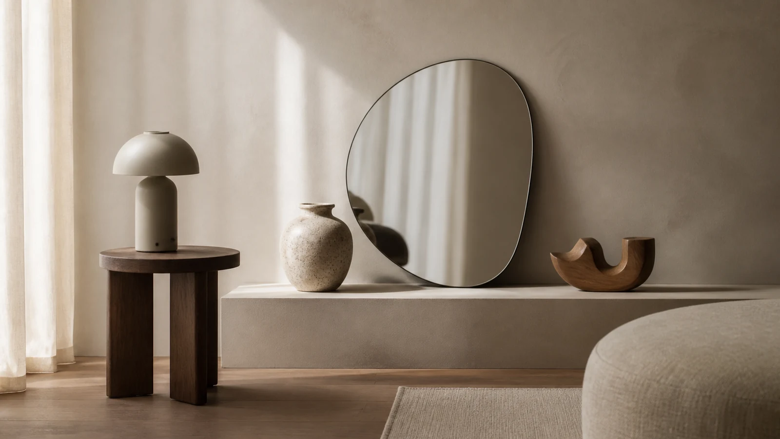 Curated Nordic interior objects on oak and stone surfaces