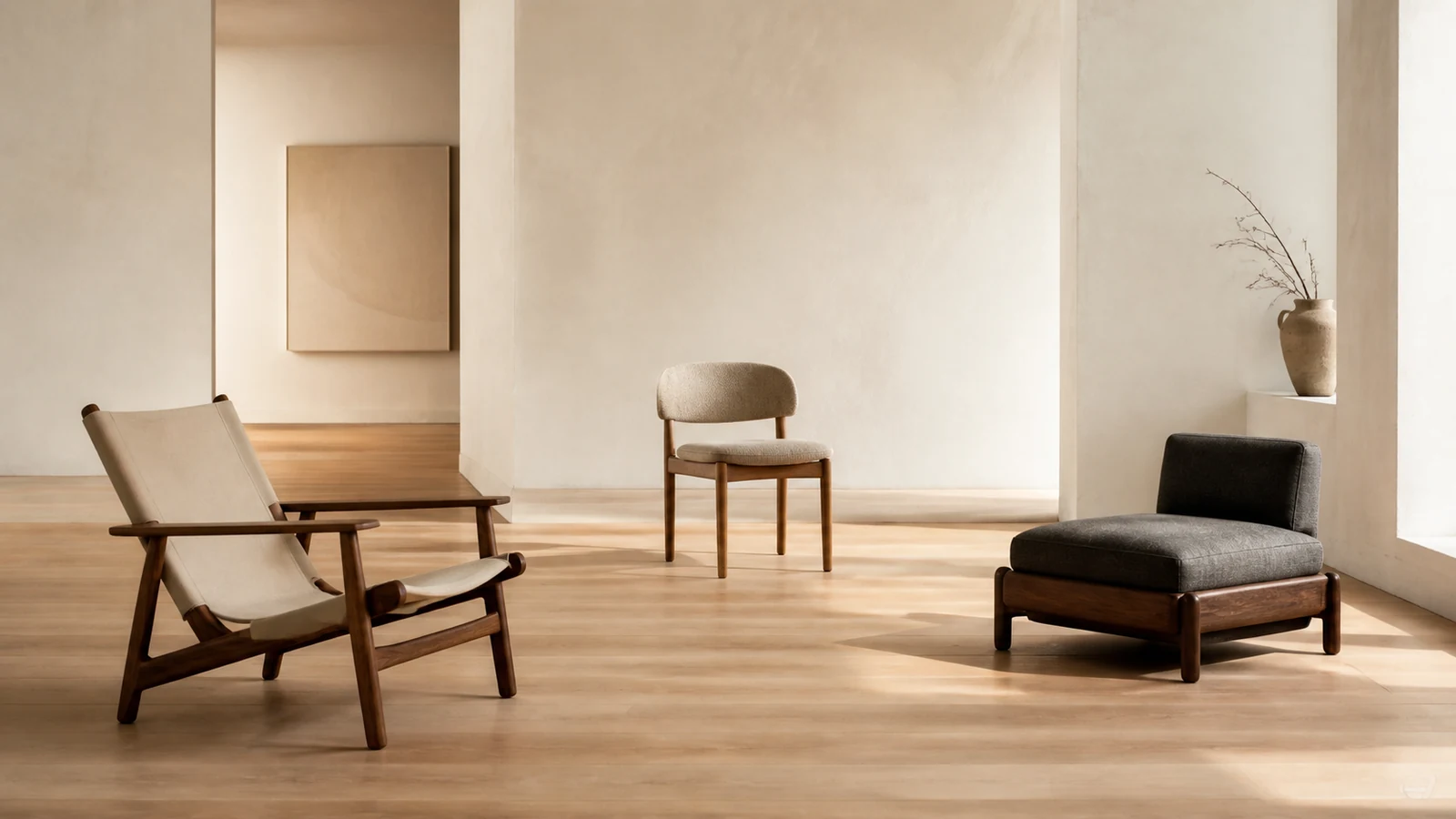 Nordic seating collection with upholstered chairs and soft daylight