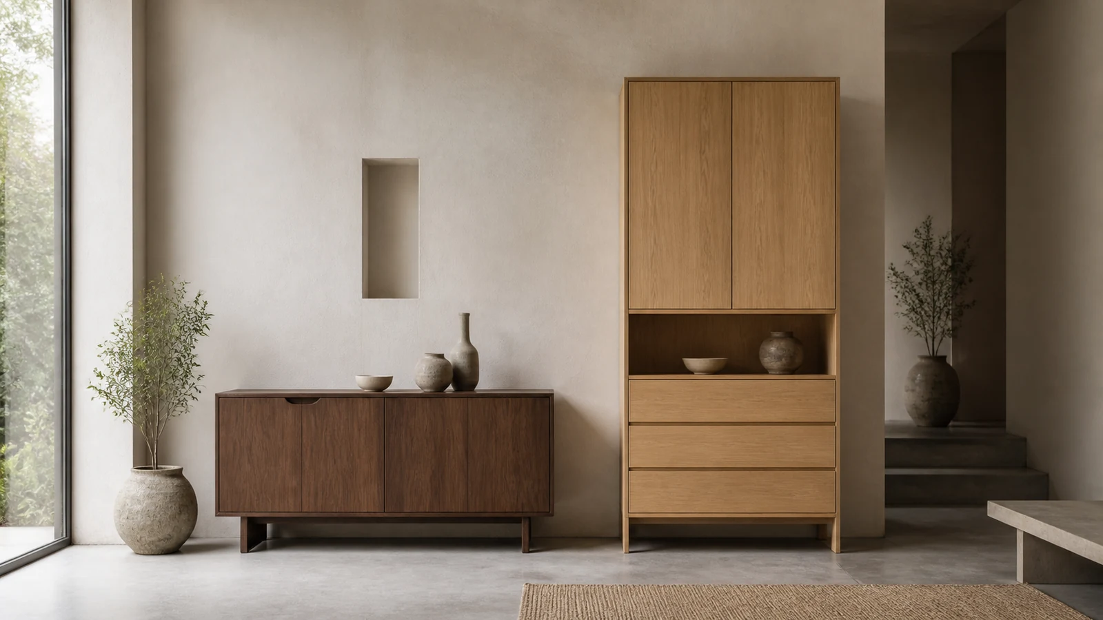Nordic storage furniture with walnut cabinetry and simple objects