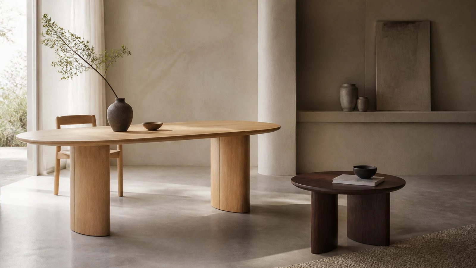 Nordic tables collection in a warm neutral interior