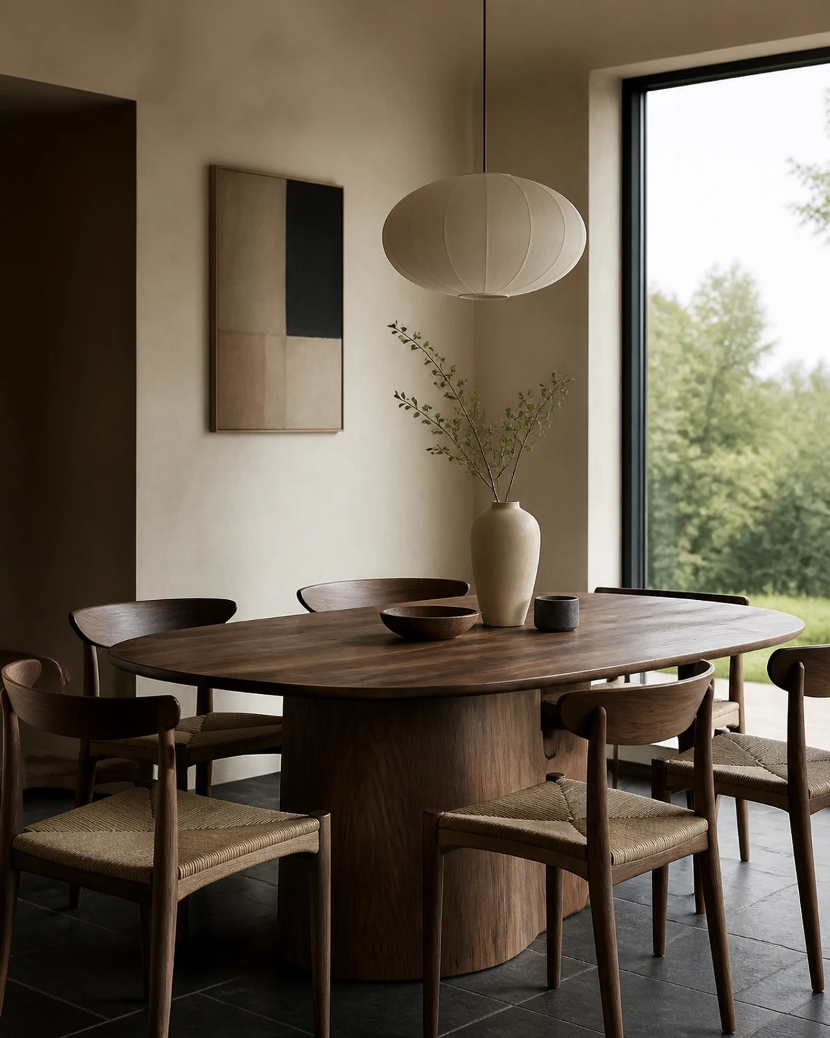 Nordic dining room with a long oak table and woven pendant lights