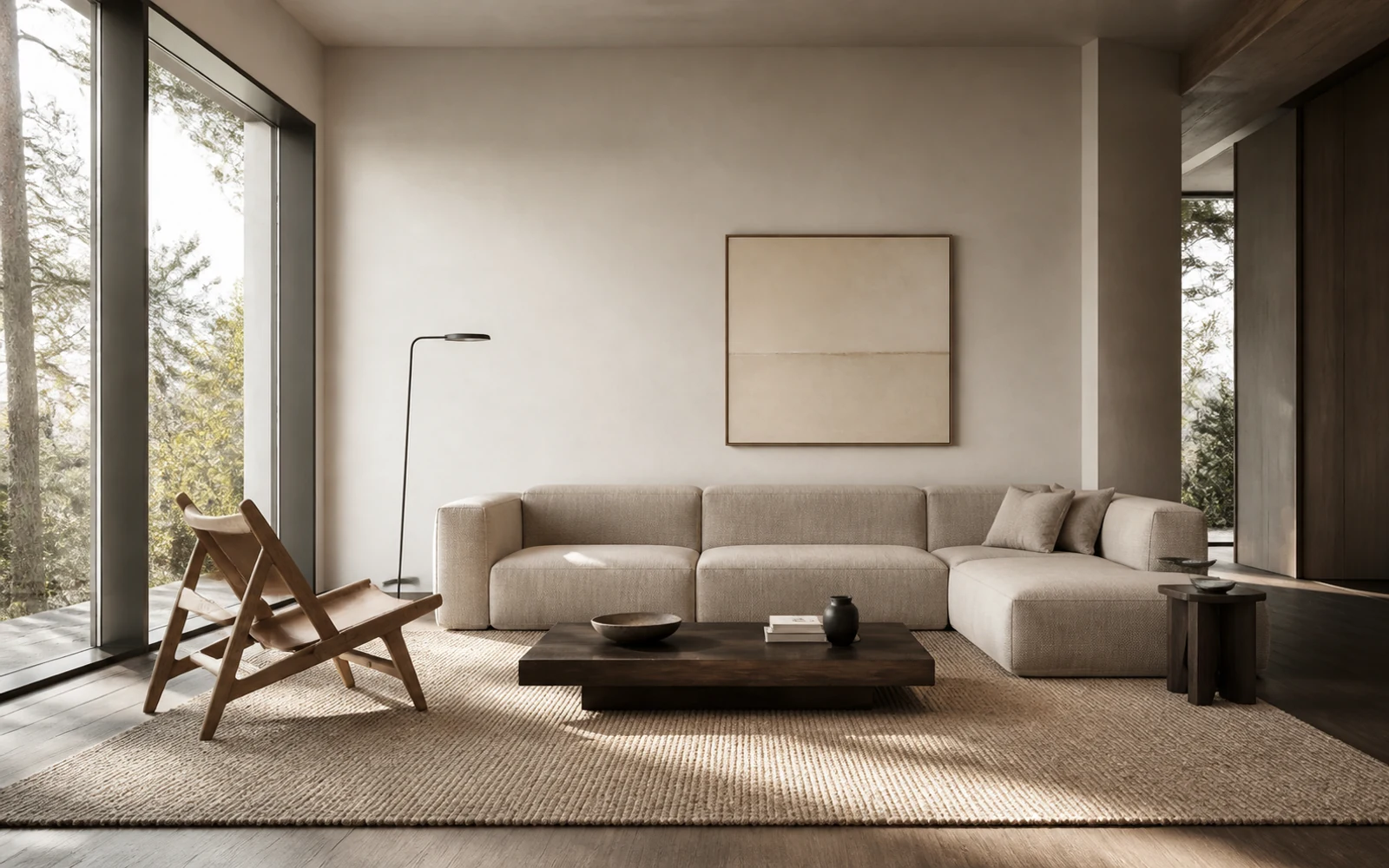 Warm Nordic living room with oak furniture and soft natural light