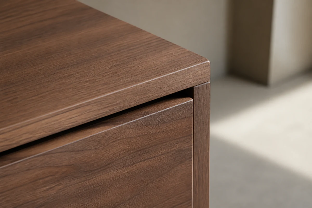 Close detail of warm walnut wood grain and furniture surface