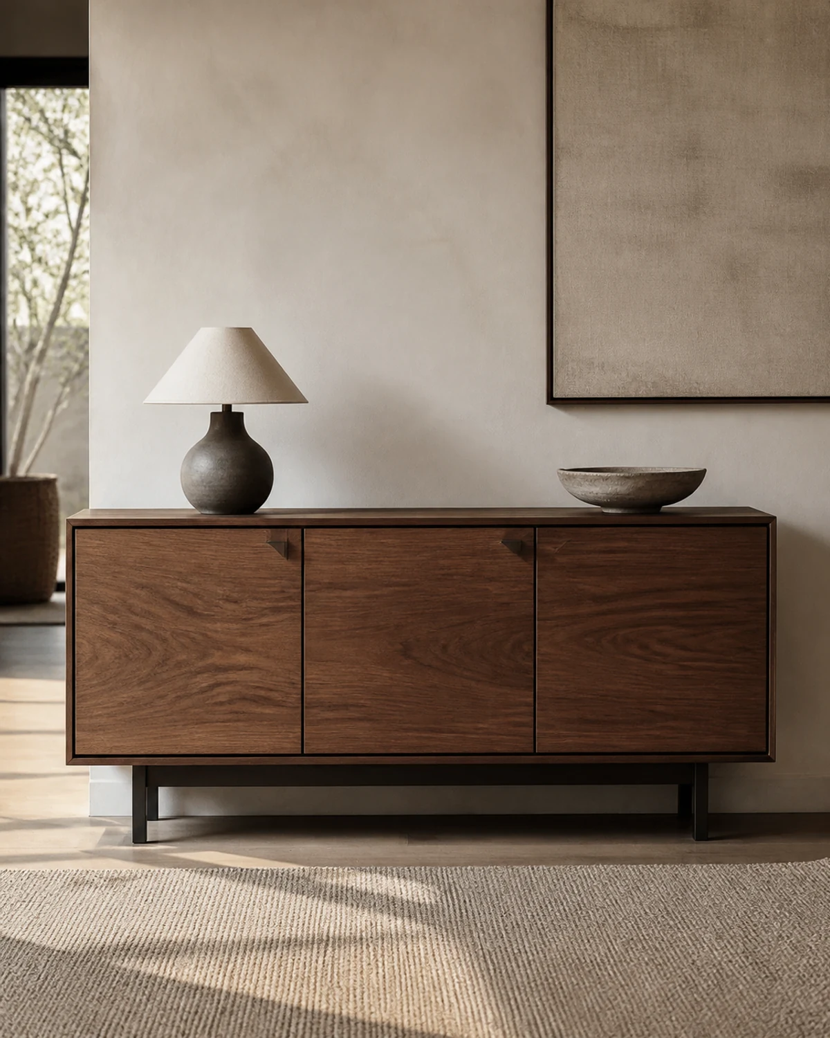 Walnut console cabinet in a quiet Nordic interior
